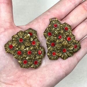 Art Nouveau Antique Czech Red Glass Rhinestone Floral Two Piece Belt Buckle Rare